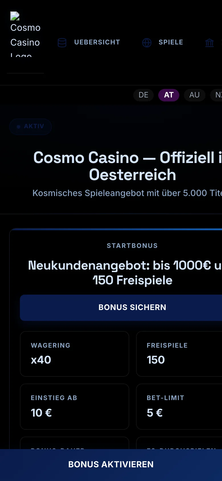 Cosmo Casino mobile lobby screenshot