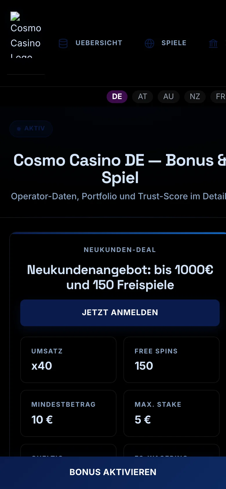 Cosmo Casino mobile lobby screenshot