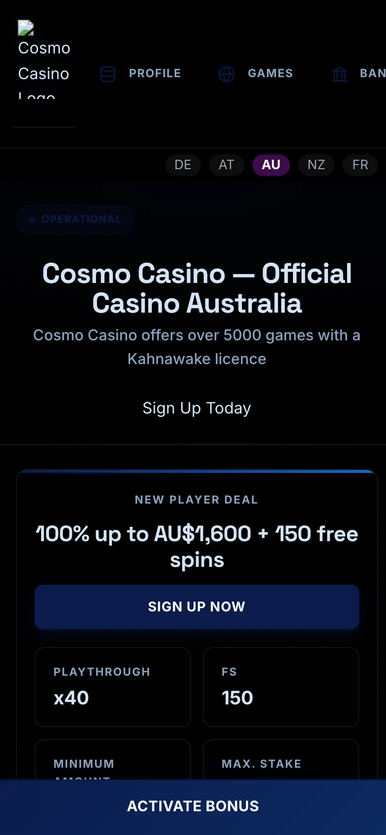 Cosmo Casino mobile lobby screenshot